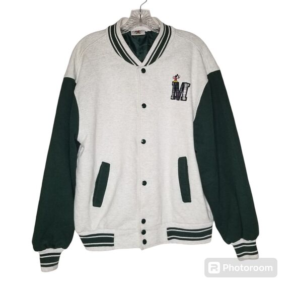 VTG 90s Disney Mickey & Co Jacket Green Gray Varsity Letterman Snap Button Large - Picture 14 of 16
